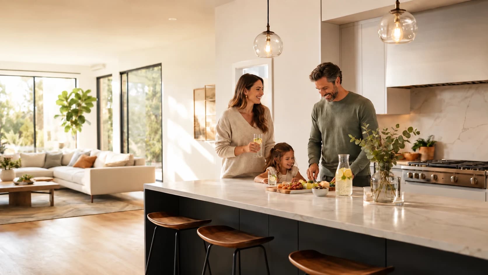 Une famille prépare une collation dans sa cuisine ouverte sur le salon